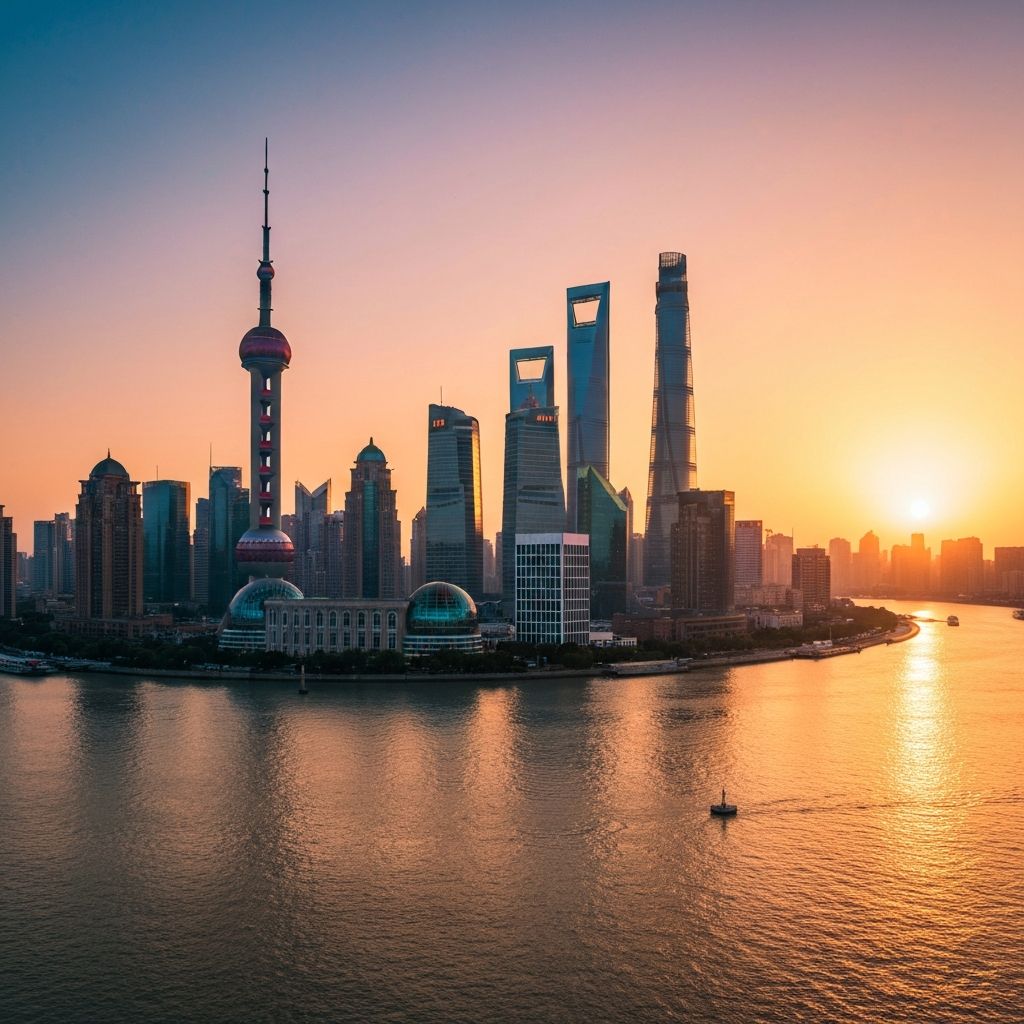 Shanghai skyline at golden hour
